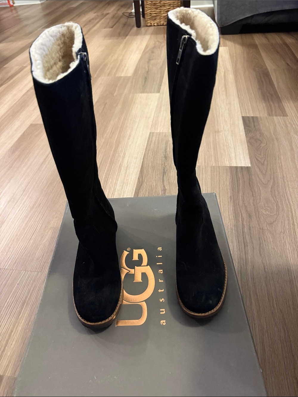 UGG Black Suede At-the-Knee Shearling Boots